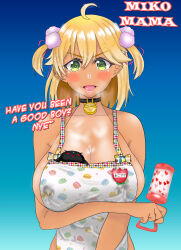 Rule 34 | 1girl, 35p (sakura miko), aged up, alternate breast size, alternate skin color, apron, badge, bell, black cat, blonde hair, blush, breasts, cat, choker, cleavage, dark-skinned female, dark persona, dark skin, eddarxart, english text, furrowed brow, green eyes, gyaru, highres, hololive, kindergarten, kindergarten teacher, kindergarten uniform, lactation, lactation through clothes, large breasts, macaron print, mature female, naked apron, name tag, naughty face, neck bell, open mouth, overflowing breasts, pink pom poms, pom pom (cheerleading), pom pom (clothes), rattle, sakura miko, short twintails, sideboob, solo, spilled milk, spilling, talking, text focus, twintails, virtual youtuber, white apron