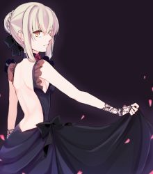 Rule 34 | 1girl, artoria pendragon (all), artoria pendragon (fate), backless dress, backless outfit, black background, black bow, bow, braid, braided bun, breasts, choker, closed mouth, dress, fate/stay night, fate (series), flower, from behind, hair between eyes, hair bow, hair bun, highres, maru (pixiv51714255), petals, purple choker, purple dress, red flower, red rose, rose, saber alter, short hair, shoulder blades, sideboob, silver hair, skirt hold, sleeveless, sleeveless dress, small breasts, solo, yellow eyes