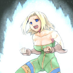 Rule 34 | 1girl, aura, bad id, bad pixiv id, bare shoulders, blonde hair, blue eyes, breasts, cleavage, clenched hands, final fantasy, final fantasy tactics, fingerless gloves, gloves, large breasts, monk (fft), open mouth, powering up, revision, short hair, solo, tsukudani (coke-buta), unitard