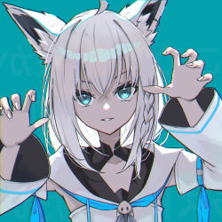 Rule 34 | 1girl, ahoge, animal ear fluff, animal ear piercing, animal ears, aqua background, aqua eyes, braid, claw pose, commentary request, detached sleeves, double-parted bangs, fox ears, fox girl, hair between eyes, hands up, hololive, hood, hood down, hooded vest, hoodie, long hair, long sleeves, looking at viewer, parted lips, shirakami fubuki, shirakami fubuki (1st costume), side braid, sidelocks, simple background, solo, straight-on, upper body, vest, virtual youtuber, white hair, white sleeves, wide sleeves, xyunx