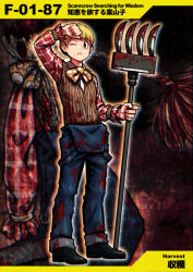 Rule 34 | 2boys, black footwear, blonde hair, blood, blood on clothes, bloody weapon, blue overalls, bow, bowtie, brown vest, check gender, clenched hand, closed mouth, collared vest, commentary request, dark background, e.g.o (project moon), employee (project moon), frilled sleeves, frills, frown, full body, green eyes, hand on own head, holding rake, lobotomy corporation, long sleeves, looking at viewer, meimaru inuchiyo, multiple boys, necktie, numbered, one eye closed, open overalls, orange bow, orange bowtie, overalls, partial commentary, plaid, plaid shirt, polka dot, polka dot bow, project moon, red background, red shirt, scarecrow, scarecrow searching for wisdom, shirt, shoes, short hair, striped clothes, striped vest, v-shaped eyebrows, vertical-striped clothes, vertical-striped vest, vest, weapon, white necktie