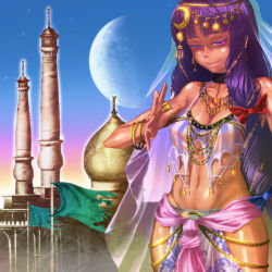 Rule 34 | 1girl, alternate costume, middle eastern architecture, arabian clothes, architecture, armlet, bandeau, baraizo, bow, bracelet, breasts, cleavage, collarbone, colored eyelashes, covered erect nipples, crescent, crescent hair ornament, crescent moon, crop top, crop top overhang, dark-skinned female, dark skin, dusk, earrings, evil grin, evil smile, flag, front-tie top, glowing, glowing eyes, goth fashion, grin, hair bow, hair ornament, jewelry, long hair, looking at viewer, lots of jewelry, medium breasts, midriff, mole, moon, navel, no headwear, parted lips, patchouli knowledge, pelvic curtain, purple eyes, purple hair, see-through, shiny skin, smile, solo, star (sky), strap gap, touhou, veil, very long hair
