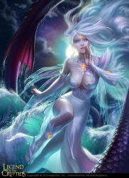Rule 34 | 1girl, artist name, breasts, cleavage, cloud, copyright name, dated, dragon, feathers, green eyes, legend of the cryptids, long hair, moon, nail polish, night, night sky, official art, sandals, sky, solo, sparkle, star (sky), tatiana kirgetova, teeth, water, white hair