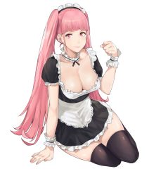 Rule 34 | 1girl, apron, black thighhighs, blunt bangs, blush, breasts, cleavage, closed mouth, detached collar, fire emblem, fire emblem: three houses, frills, highres, hilda valentine goneril, j@ck, large breasts, lips, long hair, looking at viewer, maid, maid headdress, matching hair/eyes, nintendo, pink eyes, pink hair, short sleeves, simple background, skindentation, smile, solo, thighhighs, twintails, very long hair, waist apron, white apron, white background, wrist cuffs, zettai ryouiki