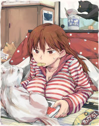 Rule 34 | 1girl, angry, book, breast press, breasts, brown eyes, brown hair, cat, chips (food), cleavage, food, frown, fujoshi, huge breasts, indoors, knucklecurve, kotatsu, lying, mouth hold, noodles, on stomach, open book, original, potato chips, ramen, reading, shirt, solo, staring, striped clothes, striped shirt, studying, sweatdrop, sweater, table, under kotatsu, under table, zipper