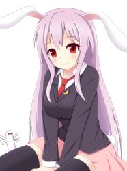 Rule 34 | 1girl, animal ears, black thighhighs, blazer, commentary request, crescent, crescent pin, highres, jacket, long hair, long sleeves, looking at viewer, necktie, pink skirt, purple hair, rabbit ears, rabbit girl, rabbit tail, red eyes, red necktie, reisen udongein inaba, shunki, sitting, skirt, smile, solo, tail, thighhighs, touhou, very long hair, zettai ryouiki