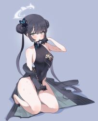 Rule 34 | 1girl, absurdres, ash (cat7evy), black dress, black gloves, black hair, blue archive, blush, breasts, butterfly hair ornament, china dress, chinese clothes, double bun, dress, gloves, grey eyes, hair bun, hair ornament, halo, highres, jacket, jacket partially removed, kisaki (blue archive), long hair, looking at viewer, pinstripe jacket, pinstripe pattern, small breasts, solo, striped, sweat, twintails