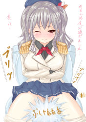 Rule 34 | 10s, 1girl, absurdres, bad id, bad pixiv id, breasts, diarrhea, fart, female pubic hair, hat, highres, kantai collection, kashima (kancolle), large breasts, poop, pubic hair, sick, silver hair, solo, sweetsoupman, toilet, toilet use, uniform