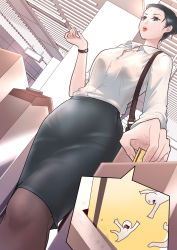 Rule 34 | 1girl, arm up, bag, black hair, black skirt, blue eyes, buttons, card, ceiling, ceiling light, close-up, clueless, collared shirt, from below, giant, giantess, handbag, highres, indoors, knees, lights, lips, office, office lady, open collar, original, ourhandsh, outstretched hand, panels, parted lips, pencil skirt, see-through, see-through shirt, semi-transparent, shirt, skirt, sweat, uniform, walking, watch, white shirt, wristwatch