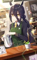 Rule 34 | 1girl, absurdres, ahoge, animal ears, apron, black hair, black shirt, bookshelf, brown eyes, closed mouth, coffee pot, collared shirt, commentary request, goroo (eneosu), green apron, highres, holding, horse ears, indoors, long hair, looking at viewer, low ponytail, manhattan cafe (umamusume), ponytail, shirt, smile, solo, umamusume, upper body, very long hair