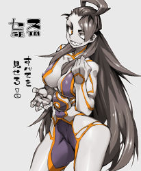 Rule 34 | 1girl, android, black hair, breasts, capcom, character name, colored skin, curvy, female seth (street fighter), grey background, grey skin, hair over one eye, hair rings, long hair, neon trim, sharp teeth, solo, standing, street fighter, street fighter v, teeth, thighs, very long hair, yellow eyes, yin yang