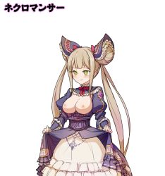 Rule 34 | 1girl, blonde hair, breasts, breasts out, clothes lift, cowboy shot, dress, dress lift, green eyes, juliet sleeves, long sleeves, luna (shadowverse), nipples, parted lips, petticoat, puffy sleeves, ribbon, shadowverse, simple background, solo, waero, white background