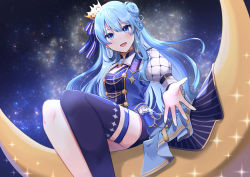 1girl :d absurdres blue_eyes blue_shirt blue_shorts blue_thighhighs blush breasts cleavage cleavage_cutout clothing_cutout coattails crown hair_bun hair_ribbon half_moon highres hololive hoshimachi_suisei hoshimachi_suisei_(stellar_into_the_galaxy) idol long_hair mini_crown moon open_hand open_mouth ribbon shinomiya_shino_(sinosino141) shirt shorts single_hair_bun single_thighhigh sitting sky small_breasts smile solo sparkle star_(sky) star_(symbol) star_in_eye starry_background starry_sky symbol_in_eye thigh_strap thighhighs very_long_hair virtual_youtuber