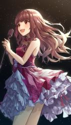 Rule 34 | 1girl, absurdres, blunt bangs, bow, brown hair, cowboy shot, dress, eyebrows, floating hair, from side, gem, highres, holding, holding microphone stand, idolmaster, idolmaster cinderella girls, kamiya nao, light particles, long hair, microphone, microphone stand, open mouth, pearl (gemstone), red dress, red eyes, shino sto, smile, solo, thick eyebrows, vintage microphone