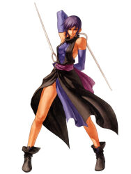 Rule 34 | 1girl, ankle boots, arms behind back, bare shoulders, black hair, blue eyes, boots, breasts, detached sleeves, dual wielding, elbow gloves, gloves, heterochromia, holding, japanese clothes, long skirt, medium breasts, neo geo battle coliseum, ninja, official art, ogura eisuke, red eyes, samurai spirits, shiki (samurai spirits), short hair, sideboob, skirt, snk, solo, sword, weapon