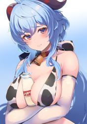 Rule 34 | 1girl, absurdres, ahoge, animal print, arms under breasts, bell, between breasts, bikini, blue hair, blush, bottle, breasts, closed mouth, collar, collarbone, cow print, crossed arms, dot nose, elbow gloves, ganyu (genshin impact), genshin impact, gloves, goat horns, gradient eyes, highres, horns, inuinuo gataken, jingle bell, large breasts, low ponytail, milk bottle, multicolored eyes, neck bell, raised eyebrows, red collar, red eyes, sidelocks, solo, swimsuit, upper body, wavy hair, wet, yellow eyes