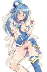 Rule 34 | 1girl, aftersex, aqua (konosuba), bare shoulders, blue eyes, blue footwear, blue hair, blue pubic hair, blue shirt, blush, boots, breasts, breasts out, colored pubic hair, commentary request, cum, cum on body, cum on clothes, cum on hair, cum pool, detached sleeves, dissolving clothes, eyebrows, facial, facing viewer, feet out of frame, female focus, female pubic hair, groin, hair ornament, hair rings, hand up, kono subarashii sekai ni shukufuku wo!, legs apart, long hair, looking at viewer, medium breasts, monchan rev3, nipples, no panties, open mouth, pubic hair, shiny skin, shirt, simple background, single boot, solo, suggestive fluid, tears, thigh boots, thighhighs, thighs, torn clothes, white background