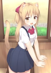 Rule 34 | 1girl, :d, animal ears, arm support, bad id, bad pixiv id, bell, blonde hair, blue skirt, blush, bow, bowtie, cat ears, cat tail, chair, classroom, collared shirt, commentary request, cowboy shot, day, desk, hair between eyes, hair bow, highres, indoors, jingle bell, long hair, looking at viewer, open mouth, original, paw print, pleated skirt, red bow, red bowtie, school, school desk, school uniform, shirt, short sleeves, sidelocks, skirt, smile, solo, standing, suspender skirt, suspenders, tail, tareme, usagino suzu, white shirt, window, yellow eyes
