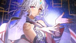 Rule 34 | 1girl, altera (fate), bare shoulders, black nails, choker, closed mouth, crying, crying with eyes open, dark-skinned female, dark skin, detached sleeves, fate/extella, fate/extra, fate (series), game cg, highres, looking at viewer, nail polish, non-web source, official art, photoshop (medium), red eyes, smile, solo, tearing up, tears, veil, wada arco, white hair