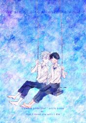 2boys barefoot belt black_hair closed_eyes collared_shirt grey_hair highres ikari_shinji jia_(kwr_0913) male_focus multiple_boys nagisa_kaworu neon_genesis_evangelion pants red_eyes school_uniform shirt shirt_tucked_in short_hair simple_background sitting swing_set yaoi