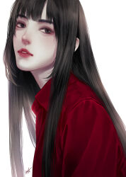 Rule 34 | 1girl, black hair, brown eyes, buttons, collared shirt, from side, leila lee, lips, long hair, looking at viewer, looking to the side, original, parted lips, red shirt, shirt, signature, simple background, solo, straight hair, upper body, white background