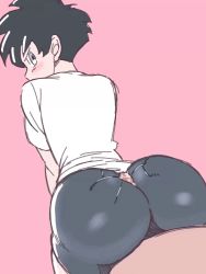 Rule 34 | 1boy, 1girl, animated, animated gif, ass, ass shake, bent over, bike shorts, black hair, blush, bouncing ass, buttjob, buttjob over clothes, clothed female nude male, d-art, dragon ball, from behind, jiggle, looking at viewer, looking back, nude, penis, pov, pov crotch, precum, shirt, shorts, t-shirt, tagme, v arms, videl