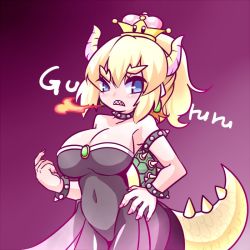 Rule 34 | 1girl, bare shoulders, black dress, blonde hair, blue eyes, bowsette, bracelet, breasts, cleavage, clenched teeth, collar, commentary request, covered navel, crown, dress, earrings, fingernails, fire, gradient background, hair between eyes, hand on own hip, hono, horns, jewelry, large breasts, mario (series), mini crown, nail polish, new super mario bros. u deluxe, nintendo, pointy ears, ponytail, purple background, purple nails, sharp teeth, solo, spiked bracelet, spiked collar, spiked shell, spiked tail, spikes, strapless, strapless dress, super crown, tail, teeth, turtle shell, v-shaped eyebrows