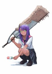 Rule 34 | 1girl, asymmetrical bangs, black skirt, black socks, brown footwear, character request, closed mouth, commentary, dango, dark-skinned female, dark skin, english commentary, flat chest, food, full body, greatsword, green eyes, holding, holding food, holding sword, holding weapon, huge weapon, kneehighs, loafers, looking at viewer, medium hair, monster hunter (series), neckerchief, over shoulder, pink neckerchief, pink sailor collar, pink serafuku, pleated skirt, purple hair, sailor collar, sanshoku dango, school uniform, serafuku, shadow, shirt, shoes, short sleeves, simple background, skirt, smile, socks, solo, squatting, sword, vertigris, wagashi, weapon, weapon over shoulder, weapon request, white background, white shirt