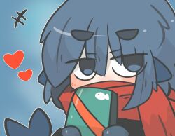 Rule 34 | +++, 1girl, bag, black jacket, blue background, blue eyes, blue hair, blush, commentary, covered mouth, english commentary, fins, fish tail, fuka-chan, gift bag, hair between eyes, heart, highres, holding, holding bag, jacket, looking at viewer, original, red scarf, scarf, shark tail, short eyebrows, solo, tail, thick eyebrows, uni souchou, valentine