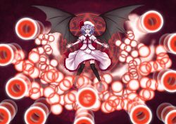 Rule 34 | 1girl, arms at sides, bad id, bad pixiv id, bat wings, danmaku, embodiment of scarlet devil, fangs, female focus, hat, highres, light purple hair, magic circle, mob cap, open mouth, outstretched arms, pink hat, purple hair, red eyes, remilia scarlet, solo, spell card, spread arms, thighhighs, touhou, utakata (kochou no yume), wings, wrist cuffs, zettai ryouiki