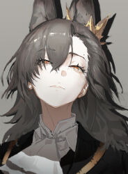 Rule 34 | 1girl, animal ear fluff, animal ears, arknights, black jacket, brown eyes, closed mouth, commentary request, eyes visible through hair, grey background, grey hair, hair over one eye, highres, jacket, lingear, long hair, looking at viewer, mole, mole above eye, penance (arknights), shirt, simple background, solo, upper body, white shirt