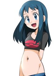 Rule 34 | 1girl, blue eyes, blue hair, breasts, creatures (company), dawn (pokemon), denim, game freak, groin, hainchu, highres, jeans, long hair, looking at viewer, midriff, navel, nintendo, open mouth, pants, pokemon, pokemon dppt, simple background, smile, solo, stomach, white background