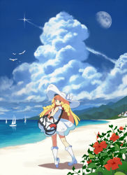 Rule 34 | 10s, 1girl, :o, bag, bare arms, bare shoulders, beach, bird, blue sky, blush, boat, boots, braid, city, cloud, contrail, creatures (company), day, dress, duffel bag, flower, from behind, game freak, gen 3 pokemon, green eyes, handbag, hat, hibiscus, highres, horizon, knee boots, lillie (pokemon), long hair, looking at viewer, looking back, moon, nintendo, ocean, open mouth, outdoors, over shoulder, pokemon, pokemon (creature), pokemon sm, sailboat, sand, see-through, sky, sleeveless, sleeveless dress, sun hat, sundress, tareme, tm (hanamakisan), twin braids, very long hair, water, watercraft, white dress, white footwear, white hat, wingull