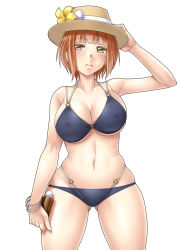 Rule 34 | 10s, 1girl, ayato, bikini, black bikini, bracelet, breasts, brown hair, cleavage, covered erect nipples, female focus, flower, gluteal fold, groin, hat, highres, jewelry, kantai collection, large breasts, lotion bottle, navel, aged up, red eyes, short hair, solo, straw hat, swimsuit, z3 max schultz (kancolle)
