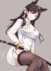 Rule 34 | 1girl, animal ears, atago (azur lane), azur lane, black hair, black thighhighs, blush, breasts, brown eyes, buttons, closed mouth, commentary request, double-breasted, enchuu, garter straps, gloves, grey background, hair between eyes, hair ribbon, highres, holding, holding sword, holding weapon, katana, large breasts, long hair, long sleeves, looking at viewer, military, military uniform, miniskirt, mole, mole under eye, pencil skirt, ribbon, sheath, sheathed, shirt, side slit, simple background, sitting, skirt, smile, solo, sword, thighhighs, turtleneck, uniform, weapon, white gloves, white ribbon, white shirt, white skirt