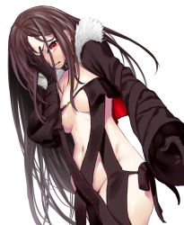 Rule 34 | 1girl, black dress, breasts, brown hair, center opening, choker, closed mouth, collarbone, commentary request, dress, fate/grand order, fate (series), fur trim, gloves, hand on own face, highres, jewelry, long hair, medium breasts, navel, onsoku inu, red eyes, simple background, solo, strapless, strapless dress, very long hair, white background, yu mei-ren (fate)