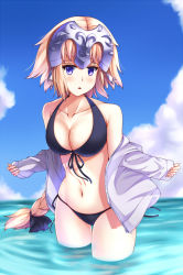 Rule 34 | 1girl, bad id, bad pixiv id, blonde hair, blue eyes, blush, braid, breasts, cleavage, fate/apocrypha, fate/grand order, fate (series), hair ribbon, headpiece, highres, jacket, jeanne d&#039;arc (fate), jeanne d&#039;arc (ruler) (fate), linon, long hair, looking at viewer, midriff, navel, open mouth, purple eyes, ribbon, ruler (fate/grand order), single braid, soaking feet, solo, standing, swimsuit, wading, water