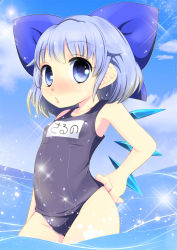 Rule 34 | 1girl, bad id, bad pixiv id, blue eyes, blue hair, blue sky, blush, bow, cirno, cloud, day, flat chest, hair bow, hand on own hip, hip focus, matching hair/eyes, one-piece swimsuit, school swimsuit, short hair, sky, solo, swimsuit, touhou, translated, uta (kuroneko), water, wings