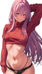 Rule 34 | 1girl, amagimei, arm up, blush, breasts, character request, closed mouth, copyright request, cropped sweater, hair between eyes, highres, long hair, long sleeves, looking at viewer, medium breasts, navel, pink eyes, pink hair, red sweater, sidelocks, simple background, solo, sweater, turtleneck, turtleneck sweater, white background