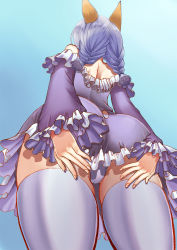 Rule 34 | 1girl, animal ears, arms behind back, ass, bare shoulders, blue dress, blue hair, braid, covering privates, covering ass, dog ears, dress, elin, from behind, from below, kumehara chiyota, long hair, no tail, panties, pantyshot, short dress, solo, standing, tera online, thighhighs, thighs, twin braids, twintails, underwear, upskirt, white panties, white thighhighs, wide hips