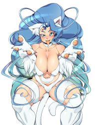Rule 34 | 1girl, ahegao, animal ears, big hair, blue hair, breasts, capcom, cat ears, cat tail, choker, claws, cleavage, double v, fangs, felicia (vampire), fur, highres, large breasts, sagging breasts, saliva, slit pupils, solo, tail, thick thighs, thighs, tongue, tongue out, v, vampire (game), venusflower