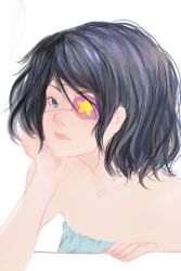 Rule 34 | 10s, 1girl, another, bare shoulders, black hair, blue eyes, eyepatch, female focus, head rest, looking at viewer, misaki mei, realistic, short hair, simple background, solo, upper body, white background, womu