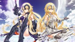 Rule 34 | 2girls, armor, armored dress, blonde hair, blue eyes, boots, breasts, chain, cleavage, commentary request, cross akiha, dual persona, elbow gloves, fate/apocrypha, fate/grand order, fate (series), gauntlets, gloves, headpiece, highres, jeanne d&#039;arc (fate), jeanne d&#039;arc (third ascension) (fate), jeanne d&#039;arc alter (avenger) (fate), jeanne d&#039;arc alter (avenger) (third ascension) (fate), jeanne d&#039;arc alter (fate), large breasts, long hair, multiple girls, petals, revision, scabbard, sheath, sitting, smile, sword, thigh boots, thighhighs, very long hair, weapon, yellow eyes
