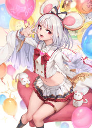 Rule 34 | 1girl, animal ears, balloon, bow, breasts, brooch, cheese, chinese zodiac, food, granblue fantasy, hair ornament, hairband, hairclip, heart, heart brooch, highres, jewelry, long sleeves, midriff, miniskirt, mouse (animal), mouse ears, navel, oopartz yang, open mouth, red eyes, shirt, short hair, skirt, small breasts, solo, thigh strap, vikala (granblue fantasy), white hair, white shirt, white skirt, year of the rat