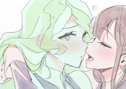 Rule 34 | 10s, 2girls, blue eyes, blush, brown hair, closed mouth, couple, diana cavendish, eyelashes, closed eyes, female focus, friends, from side, green hair, half-closed eyes, heart, hizuki akira, imminent kiss, kagari atsuko, lips, little witch academia, long hair, looking at viewer, multiple girls, neck, open mouth, school uniform, simple background, upper body, white background, yuri