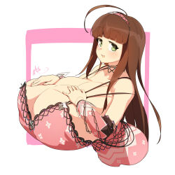 Rule 34 | 1girl, absurdres, ahoge, arched back, blunt bangs, blunt ends, border, breasts, brown hair, choker, cleavage, cropped torso, detached sleeves, dot nose, dress, female focus, from side, gigantic breasts, green eyes, hairband, hands on own chest, highres, long hair, looking at viewer, naze, open mouth, outside border, pink background, pink dress, pink theme, senran kagura, shuriken, simple background, smile, solo, tareme, ui (senran kagura), upper body, very long hair, weapon, white background, white border