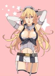Rule 34 | 10s, 1girl, arms behind head, belt, blonde hair, blue eyes, breasts, cleavage, elbow gloves, front-tie top, garter straps, gloves, headgear, iowa (kancolle), kantai collection, large breasts, miniskirt, skirt, solo, star-shaped pupils, star (symbol), striped clothes, striped skirt, symbol-shaped pupils, thighhighs, yukko0930