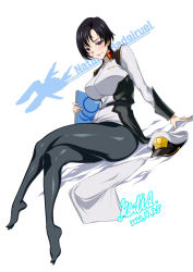 Rule 34 | 1girl, black hair, black pantyhose, black thighhighs, breasts, character name, closed mouth, collared shirt, commentary request, crossed legs, dated, feet, forehead, full body, gundam, gundam seed, hat, highres, holding, large breasts, lipstick, makeup, military, military hat, military uniform, natarle badgiruel, no shoes, pantyhose, parted bangs, pointy nose, purple eyes, rantia, shiny clothes, shirt, signature, sitting, smile, solo, thighhighs, uniform