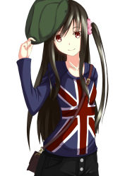 Rule 34 | 1girl, black hair, brown eyes, collarbone, flag print, green hat, hair ornament, hair scrunchie, hat, jougen, long hair, looking at viewer, one side up, original, print shirt, scrunchie, shirt, simple background, smile, solo, union jack, white background
