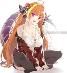 Rule 34 | 1girl, ahoge, bare shoulders, black ribbon, black thighhighs, blonde hair, blunt bangs, bow, breasts, camisole, character name, cleavage, collarbone, commentary, commentary request, diagonal-striped bow, dragon girl, dragon horns, dragon tail, english commentary, frilled camisole, frills, full body, hair intakes, hair ribbon, highres, hololive, horn bow, horn ornament, horns, indian style, jacket, jewelry, kiryu coco, kiryu coco (loungewear), komo wan110, large breasts, long hair, long sleeves, looking at viewer, mixed-language commentary, multicolored eyes, multicolored hair, no shoes, off shoulder, official alternate costume, open clothes, open jacket, open mouth, orange hair, partially unzipped, pendant, pointy ears, purple eyes, red eyes, red jacket, ribbon, see-through, sidelocks, simple background, sitting, slit pupils, solo, spaghetti strap, streaked hair, striped, striped bow, tail, thighhighs, track jacket, twintails, virtual youtuber, white background, white camisole